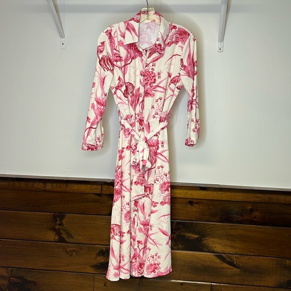 Amazon Pink & Cream Floral Bird Print Button Down Midi Dress- L - Picture 1 of 7